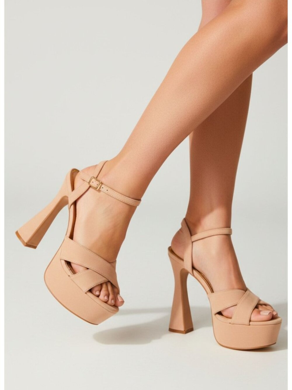 High Heel Nude Platform Sandals With Ankle Strap Open Toe And Cross Band Design